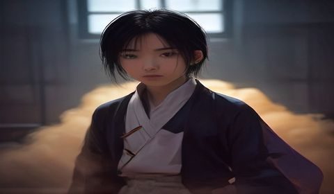 中野七绪在图书馆认真自习的场景，暖黄台灯光晕中书页翻动，眼神专注坚定，传递出努力向上的正向氛围